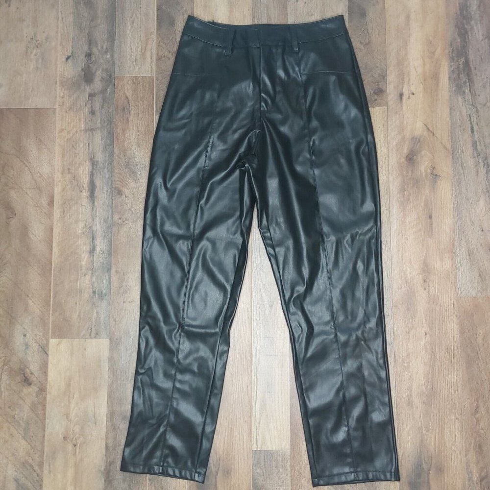 Cavalini Black Faux Leather Pants Size Small Fly Zipper Straight